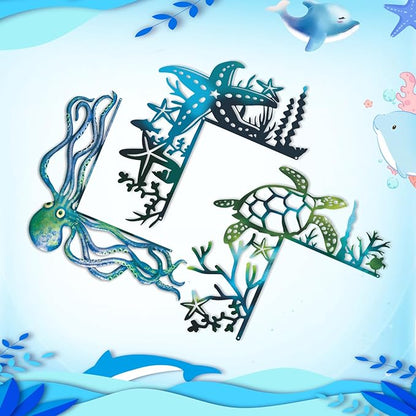 2025 3PCS Ocean Door Frame Decoration Set Metal Turtle Octopus Starfish with Double Sided Silhouette for Window, Door, Shelf, Table, and Corner Sign Home Décor Accent