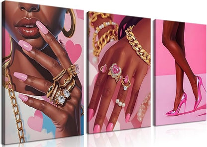 Framed Pink Black Girl Wall Art Set of 3, African American Black Women Canvas Prints Poster, Fashion Gorgeous Girl Paintings Pictures Artwork for Bathroom Bedroom Living Room Wall Decor 12x16 Inch