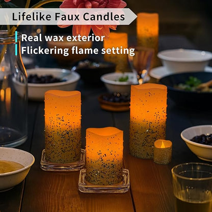FURORA LIGHTING Gold Glitter Flameless Candles - Real Wax, Adjustable Brightness, Remote & Timer - 4 Pillars (3x4, 3x6) and 4 Votives, 8-Pack, Battery Operated