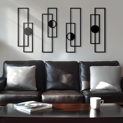 Abstract Black Metal Wall Art Set of 4, Large Modern Geometric Wall Decor with 3D Layered Design for Living Room, Bedroom, Bathroom, Hallway, Minimalist Wall Sculptures