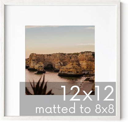 HAUS AND HUES White Oak Wood 12x12 Picture Frame - Square Frame Matted to 8x8, Minimalist White Frame for Gallery Wall or Posters (12x12 in, White, Set of 1)