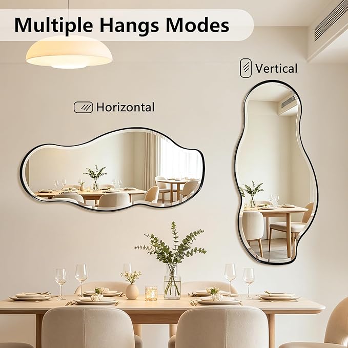 POZINO Irregular Beveled Mirror, 53"x24" Premium Bathroom Vanity Mirror with Metal Frame, Large Asymmetrical Organic Wall Mirrors for Living Room Bedroom Hallway Entryway, Horizontal/Vertical Hanging