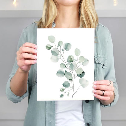 Eucalyptus Leaves Watercolor Art Prints (Set of 4) - 8x10 (Unframed) | Boho Botanical Wall Decor | Minimalist Floral Artwork for your Home, WFH Office, Kitchen, Dining Room, Bedroom, and Bathroom