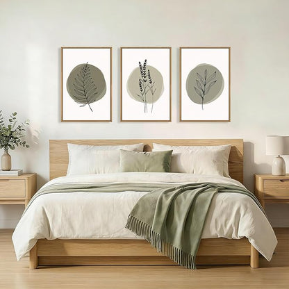 HOURIA Spring Sage Green Leaves Framed Canvas Wall Art Set,Minimalism Boho Leaf Wall Decor, Modern Nature Botanical Wall Painting,Mid Century Plant Art Prints for Living Room,Bedroom,Farmhouse-24"x36"x3