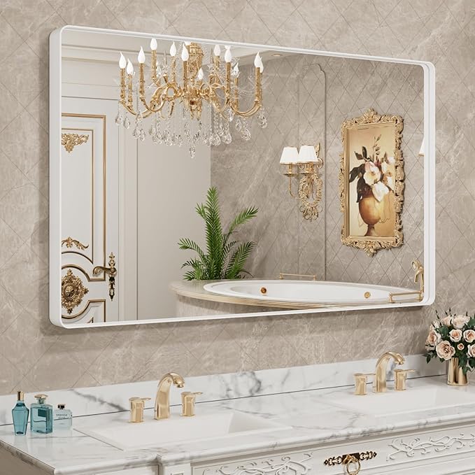 LOAAO 50x30 Inch White Metal Framed Bathroom Mirror for Wall, White Bathroom Vanity Mirror Farmhouse, Large Rounded Rectangle Mirror, Anti-Rust, Tempered Glass, Hangs Horizontally or Vertically