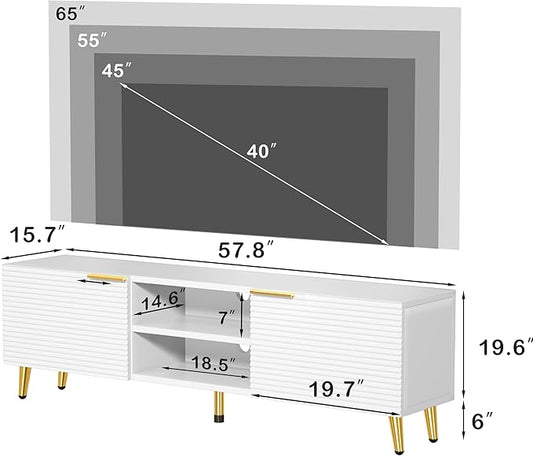 Modern TV Stand for 55/60/65 Inch TV, Entertainment Center with Storage Cabinet and Open Shelves, Media Console Table for Living Room, Bedroom, White & Gold