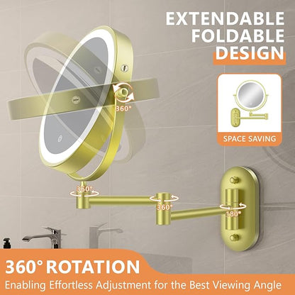 Auxmir 1X/30X Wall Mounted Makeup Mirror with Light, 8" Rechargeable Double-Sided Magnifying Mirror, Vanity Mirror Dimmable 3 Color Light, 360° Extension Rotation Foldable 14.5 Inch Arm, Gold