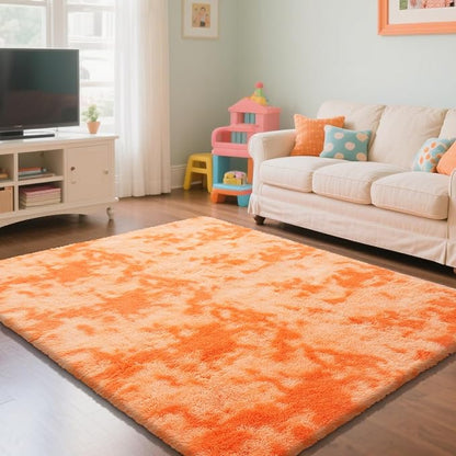 Mottling Orange Fluffy Rug Shag Area Rug, 4x6 Area Rugs for Girls Bedroom, Soft Cute Baby Play Mat, Indoor Floor Carpet for Teen, Nursery, Preppy Dorm, Plush Aesthetic Bedside Rug