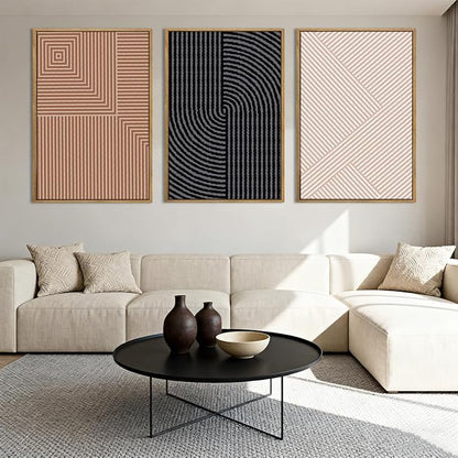 ANHUIB Extra Large Neutral Abstract Modern Canvas Wall Art Set of 3 Framed Black and White Beige Wall Decor Boho Minimalist Artwork Walls Geometric Line Painting for Living Room Bedroom Office 24x36In