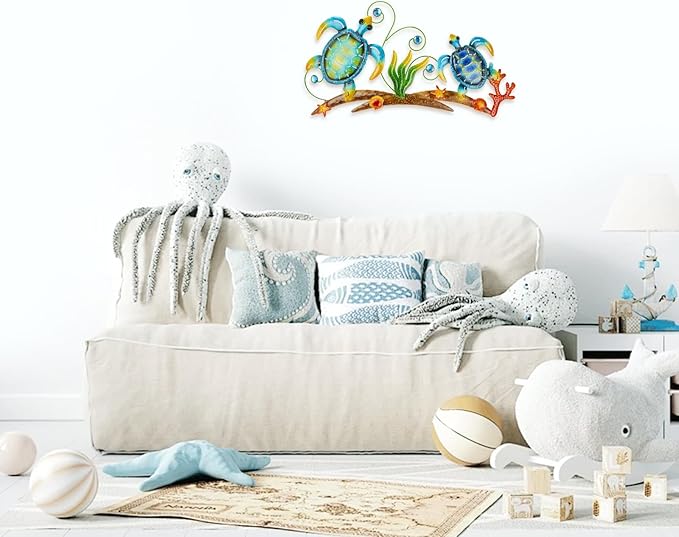 dreamskip 27" Sea Turtles Metal Beach Wall Decor Art, Coastal Ocean Style Wall Sculpture, Nautical Outdoor Decor For Garden, Pool, Fence, Patio, Bathroom Indoor