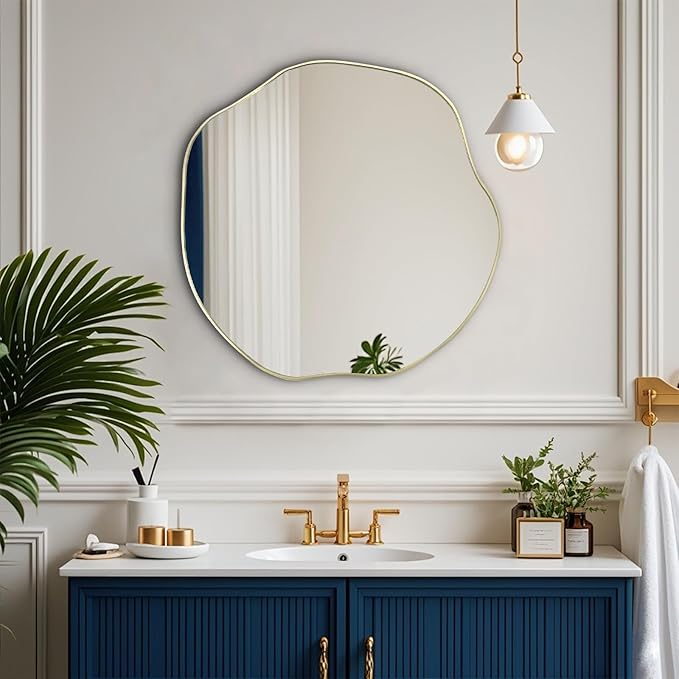 POZINO Gold Irregular Mirror, 20" Asymmetrical Wall Mirror, Scalloped Rounded Mirrors, Modern Frameless Abstract Mirrors for Living Room Bedroom Bathroom Entryway Hallway Fireplace