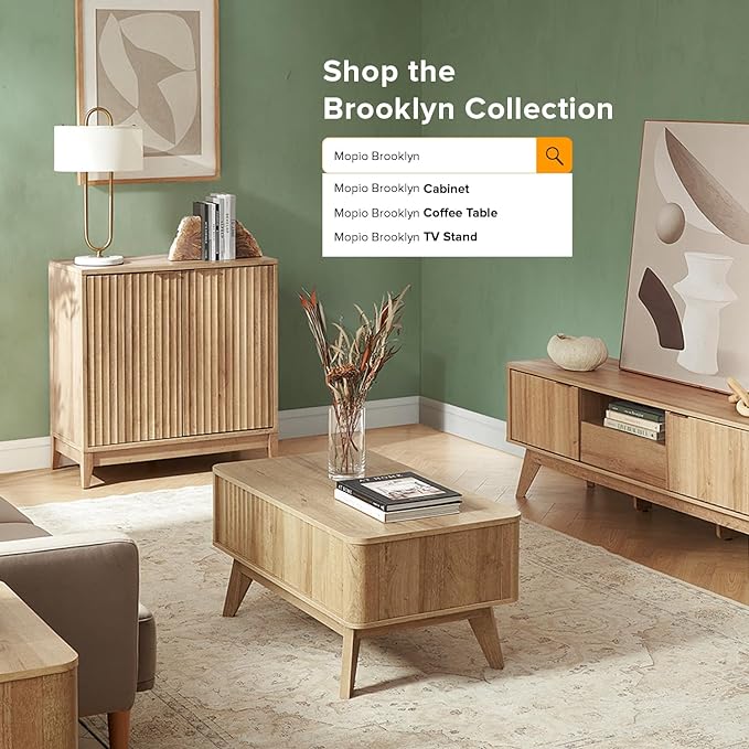 mopio Brooklyn Fluted Storage Cabinet, Modular Accent Buffet Sideboard with Adjustable Shelf, FSC Certified 50lb Load Modern Farmhouse Wood Credenza for Dining, Living Room, Entryway (Oak, Set of 2)