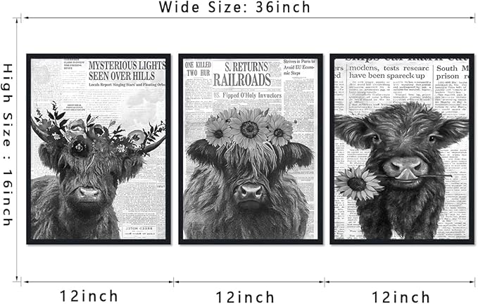 Retro Funny Cow 3 Piece Canvas Wall Art Vintage Newspaper Hairy Cow Poster Rustic Farmhouse Floral Animal Framed Wall Decor for Kitchen Bedroom Country House Decor Easy to Hand 12x16inchx3pcs