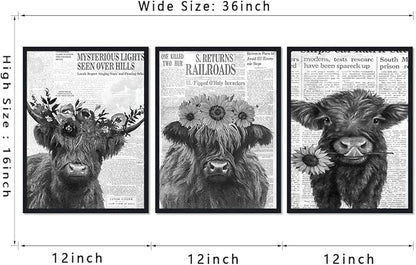 Retro Funny Cow 3 Piece Canvas Wall Art Vintage Newspaper Hairy Cow Poster Rustic Farmhouse Floral Animal Framed Wall Decor for Kitchen Bedroom Country House Decor Easy to Hand 12x16inchx3pcs