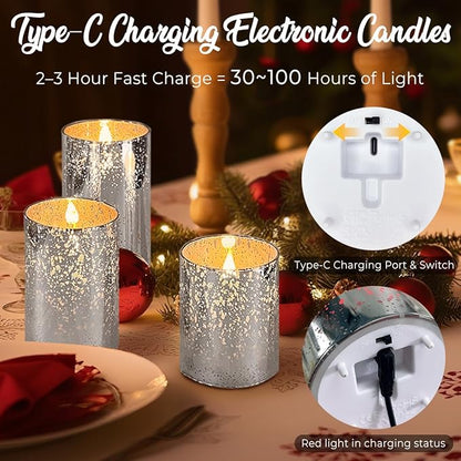 LEDHOLYT Rechargeable Flameless Candle, Flickering LED Pillar Glass Fake Candle with Remote and Timer, Built-in Battery Real Wax Electronic Candle for Room Decoration, Set of 3