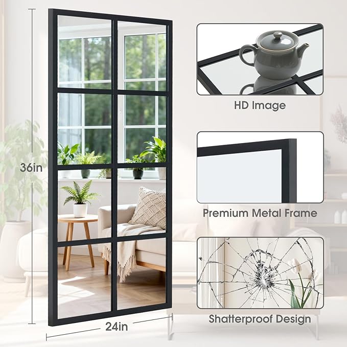 DUMOS Wall Mirror 24" x 36", Rectangle Window Pane Decorative Mirror, Metal Framed Wall Mounted Mirror for Bathroom, Bedroom, Entryway, 1 Pack