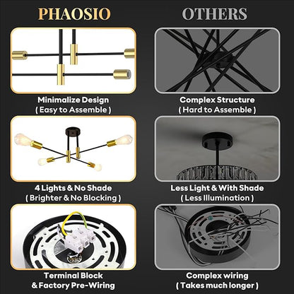 Modern Sputnik Chandelier Ceiling Light Fixtures, 4-Lights Mid Century Industrial Metal Semi Flush Mount for Dining Room, Bedroom, Living Room-Black and Gold