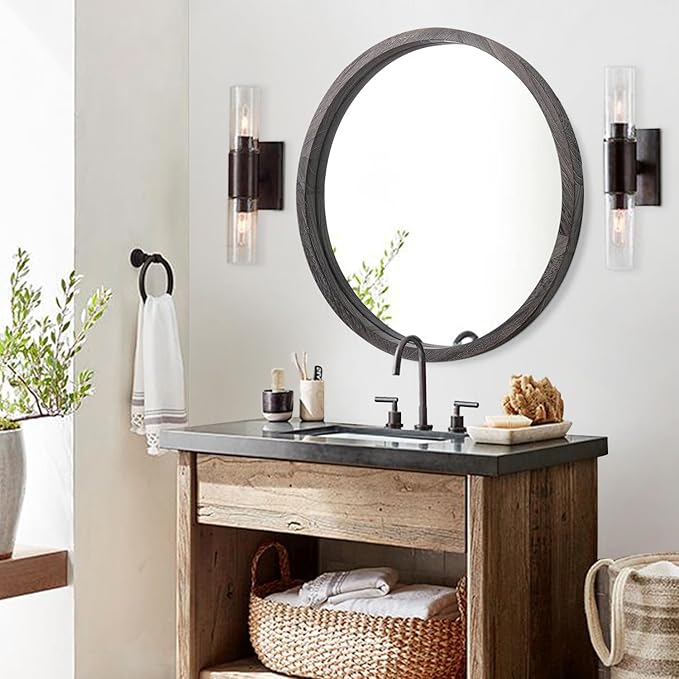JJUUYOU Large Circle Wall Mirror 20 Inch Round Wall Mirror for Bathroom, Gray Rustic Circular Mirror Washroom Wall Vintage Wood Frame Mirror for Living Room, Bedroom, Dorm Decorative