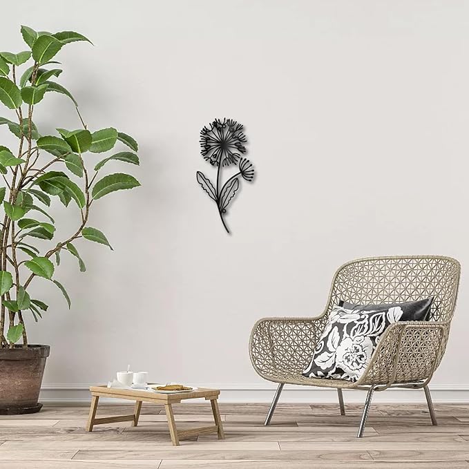 CREATCABIN Dandelion Metal Wall Art Iron Flower Wall Decor Hanging Black Hollow Out Symmetry Silhouette Ornament Iron Sign for Yoga Studio Indoor Outdoor Home Office Decoration Gift Black 11.8x6Inch