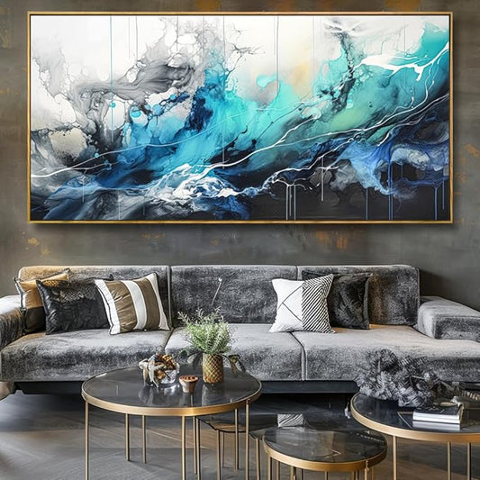 Wall Art Abstract Canvas Painting Teal Blue Modern Artwork for Living Room Bedroom Dining Room Home Office Decor 24"x48" with Framed