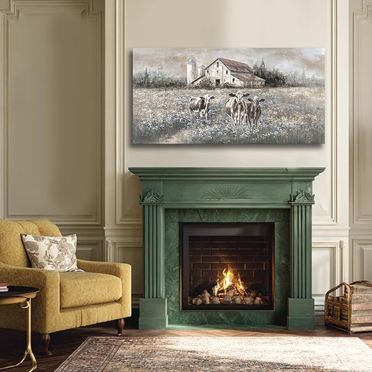 LEVERUP Farmhouse Landscape Painting, Rustic Country Barn Art,rural style decorative paintings 20x40 inch Highland cattle decor for living room bedroom