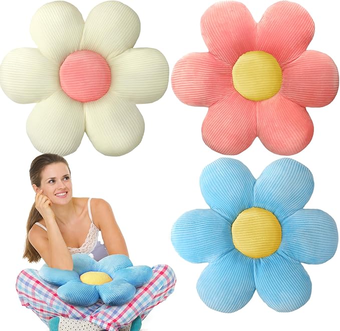 Sratte 3 Pcs Flower Pillows Flower Shaped Throw Pillows Cute Daisy Plush Pillow Decorative Floor Pillow Seat Cushion for Bedroom Home Sofa Chair Couch Decor(Multicolored,16")