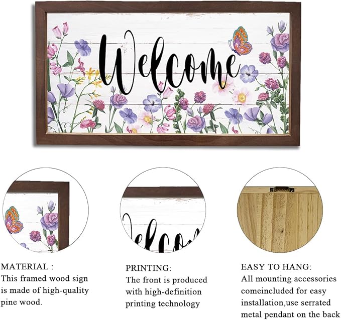 Flower Welcome Decoration, Welcome Signs for Front Door Porch Entryway Decor, Rustic Spring Home Decors, Wall Decor Art, Garden Yard Decors, Wooden Framed Wall Plaque 15×7.5×0.3 inches