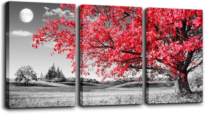 canvas wall art for living room family bedroom Wall Decor Black and white red tree moon landscape painting Ready to Hang for room Decorations Works office Decor Prints pictures 12" x 16"3 Pieces