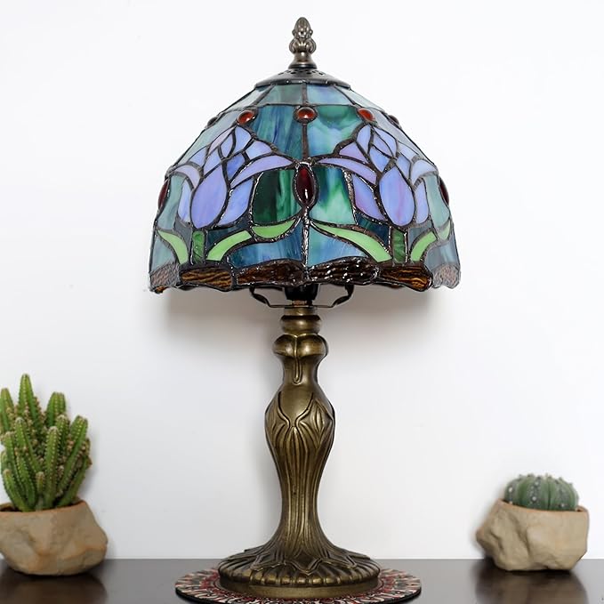 Tiffany Style Lamp Stained Glass Table Lamp 8" x 14.5" Mini Accent Light Pink Tulip Design Small Decorative Bedside Bedroom Living Room Memory Lamp