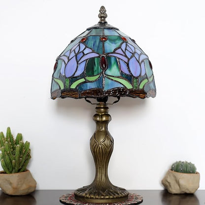 Tiffany Style Lamp Stained Glass Table Lamp 8" x 14.5" Mini Accent Light Pink Tulip Design Small Decorative Bedside Bedroom Living Room Memory Lamp