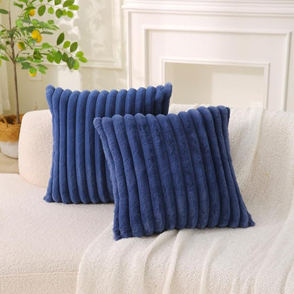 Decorative Throw Pillow with Inserts, Set of 2 Soft Faux Fur Throw Pillows, Square Boho Striped Pillow for Couch, Bed, Sofa Decor (Blue, 18" x 18"(Pack of 2))