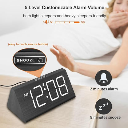 DreamSky Wooden Digital Alarm Clock for Bedroom - RGB Electric Desk Clock with Large Numbers, USB Port, Loud Alarm for Heavy Sleepers, Dimmer and Volume Control, Snooze, Wood Décor (Adapter Powered)