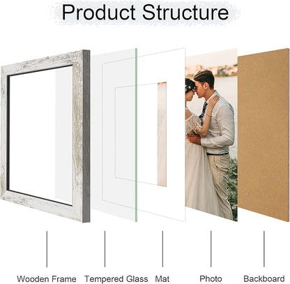iRahmen 9x12 Picture Frame with Mat 6x8 - High Definition Tempered Glass Wooden Photo Frames for Tabletop Display and Wall Mounting (Distressed-White, Set of 2)