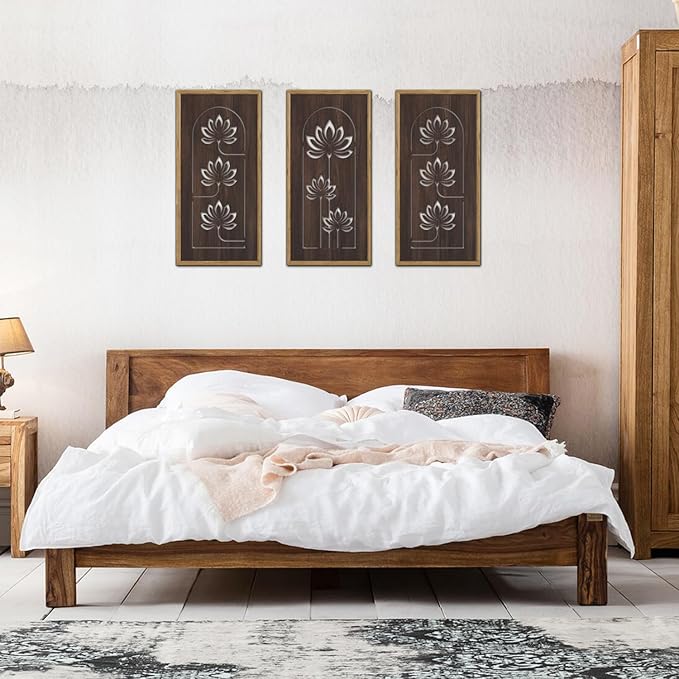 KAIRNE Lotus Wooden Wall Art,Floral Vintage Farmhouse Room Boho Decor,Set of 3(16” X 8”),Framed Mandala Lotus Flowers Wall Decor,Bohemian Retro Wood Hanging Board for Living Room Yoga room Office Decoration