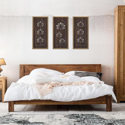 KAIRNE Lotus Wooden Wall Art,Floral Vintage Farmhouse Room Boho Decor,Set of 3(16” X 8”),Framed Mandala Lotus Flowers Wall Decor,Bohemian Retro Wood Hanging Board for Living Room Yoga room Office Decoration