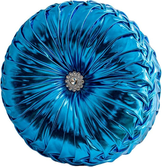 Round Throw Pillows, Soft Spandex Fabric Pumpkin Pleated Handmade Metallic Decorative Throw Pillows Floor Pillows Cushion for Sofa Couch Bed Living Room Chair Decoration, ﻿Blue