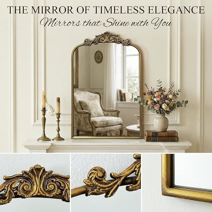 Gold Baroque Vintage Mirror for Vanity 24x16Inch Gold Antique with Ornate Frame, Arched Vintage Wall for Bathroom, Living Room, Fireplace, Entryway (Golden (Arched 7), 24"L x 16"W（Vertical ）)