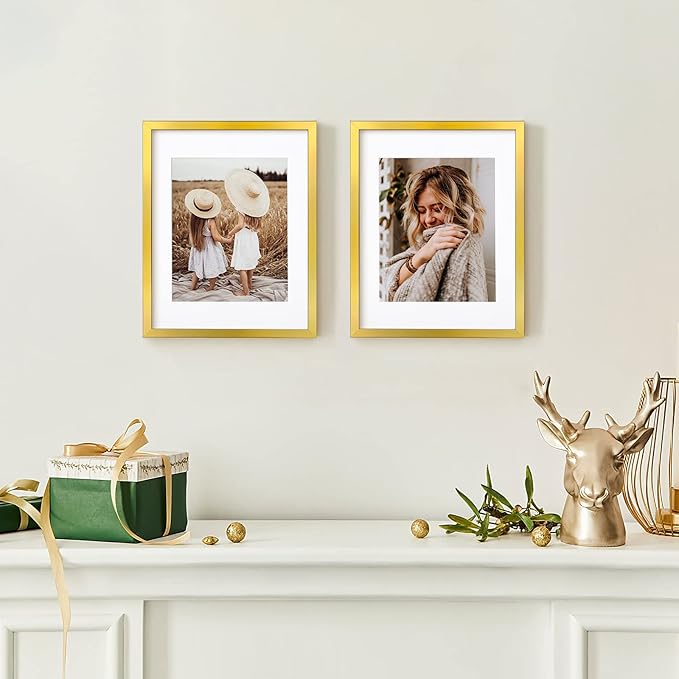 11x14 Picture Frame Set of 6, Display Pictures 8x10 with Mat or 11x14 Without Mat,Wall Gallery Photo Frames, Sleek Gold