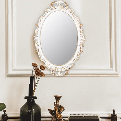 Tstarer 2 Pack - Vintage Decorative White Framed Mirror, Wall Hanging Mirrors & Tabletop Tray for Bedroom Living Room Dresser Decor, Oval- 9.6" W x 14.3" L (WHITE-2PACK)