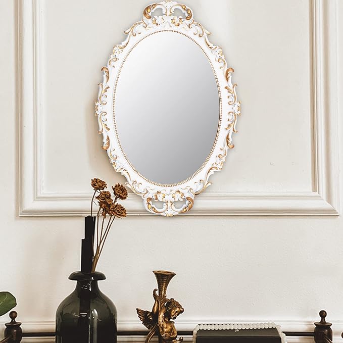 Tstarer Vintage Decorative White Framed Mirror, Small Oval Wall Hanging Mirror - 9.6" W x 14.3" L (White)