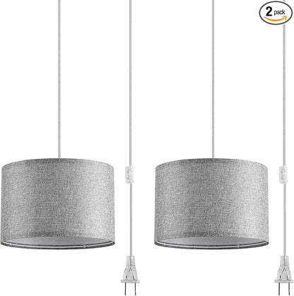 2 Pack Plug in Pendant Light, Hanging Light with 15Ft Clear Cord, On/Off Switch, Grey Fabric Lamp Shade, Hanging Light Fixture for Bedroom, Kitchen, Living Room, Dining Table