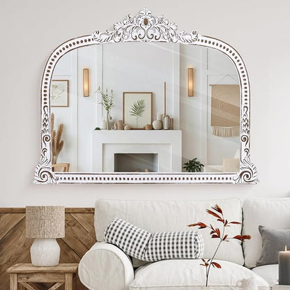 HOITUZYUS French Vintage Statement Wooden Mirror: 32x42 Inch Baroque Arched Mirror, Ornate Decorative Wall Mirrors for Fireplace Mantel, Living Room, Entryway, Bedroom