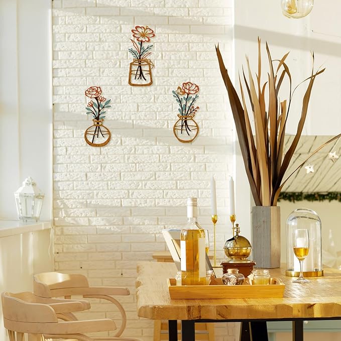 ARTINME 3 Pieces Metal Flowers Wall Arts - Rustic Farmhouse Decor Minimalist Flower Wall Decors for Living Room Bathroom Kitchen Bedroom Dining Room - Housewarming Gifts (Orange)