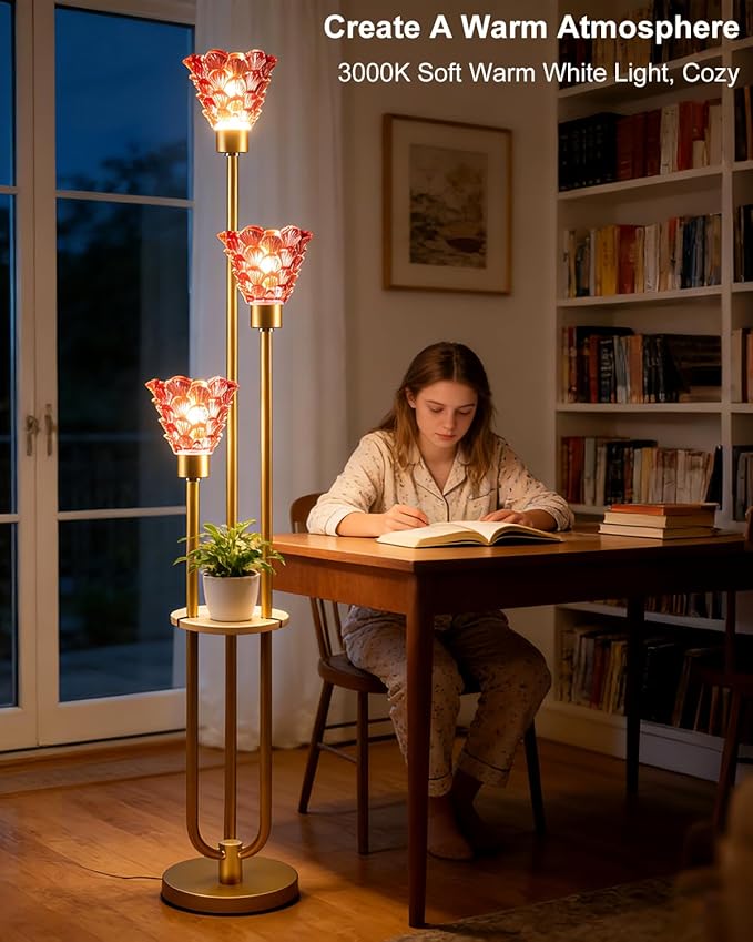 3-Light Modern Glass Floor Lamp with Shelf, Gold Tall Standing Lamp with Deep Red Flower Glass Shade, LED Floor Lamp with Foot Switch& 5Lbs Heavy Base for Living Room Bedroom, Bulb Included
