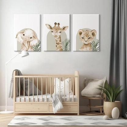 Nursery Animal Wall Art Decor Safari Jungle Nursery Pictures Baby Boy Room Canvas Wall Decor Woodland Animals Prints Safari Giraffe Artwork for Boys Kids Bedroom 16x24 Inch Wrapped Canvas Set of 3