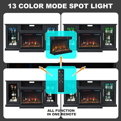 59 Inch LED TV Stand with 3-Side Glass Fireplace, Modern Media Entertainment Center Console Table for TVs up to 65 Inch with Adjustable Flame & LED Color, 24’’ Fireplace, Highboy, Black