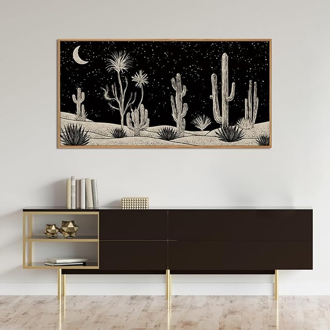 Desert Night Cactus Framed Canvas Wall Art Set,Southwestern Black and White Landscape Wall Decor,Rustic Wooden Mid Century Boho Moon Artwork for Living Room,Bedroom-20 x40