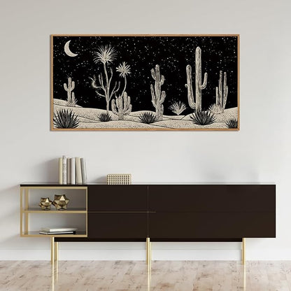 Desert Night Cactus Framed Canvas Wall Art Set,Southwestern Black and White Landscape Wall Decor,Rustic Wooden Mid Century Boho Moon Artwork for Living Room,Bedroom-20 x40