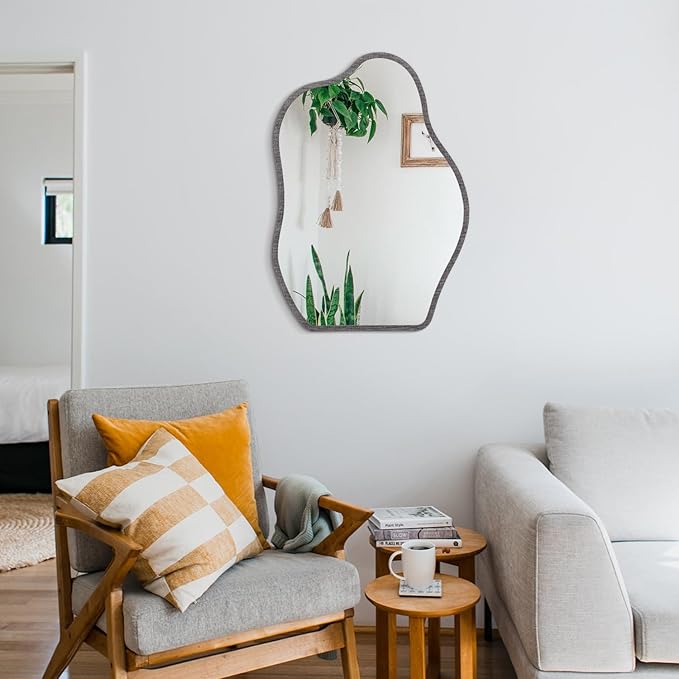 Irregular Wood Frame Asymmetrical Wall Mirror - Modern Unique Cloud Wall Mirror - Decorative Vanity Bathroom Living Room Bedroom Entryway Hallway Artistic Mirror - 26"x18"