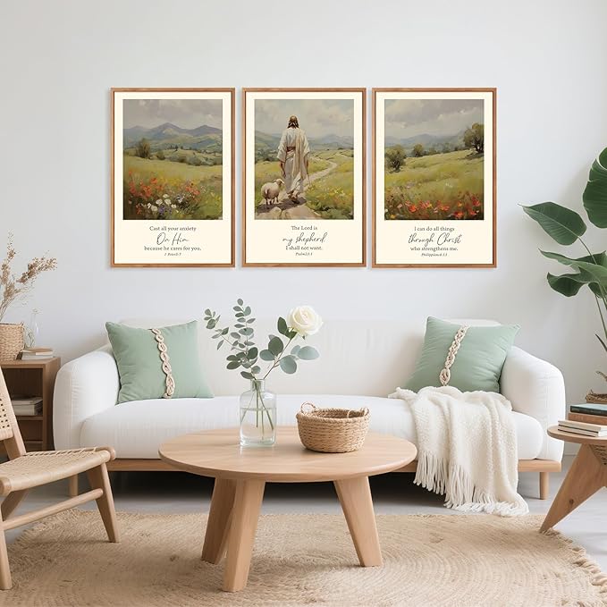 Aurlan Christian Bible Verses Framed Wall Art(16"x24"), 3PCS Vintage Jesus Leaves The 99 Lost Sheep Inspirational Scripture Canvas Artwork, Religious Abstract Flowers Nature Landscape Gallery Decor for Home Office Bedroom